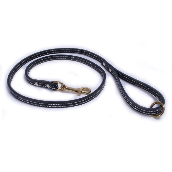 Laisse en cuir noir double avec anneau cuivre 1/2"x48"