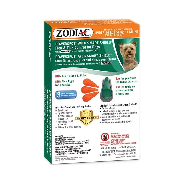 Zodiac Spot On avec Smart Shield pour chiens 30lbs et moins 3x1ml - La boite à Penny