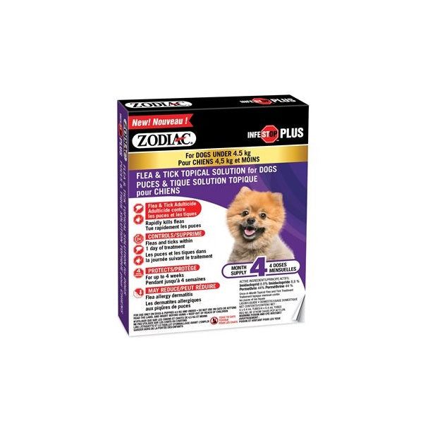 Zodiac infestop Plus dosettes anti-puces et tiques pour chiens 4,5kg et moins