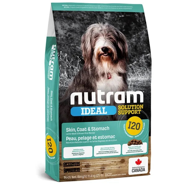 Nutram Ideal I20 - Chien-  Peau, Pelage Et Estomac Sensible -Agneau Et Riz Brun 25lbs - La boite à Penny